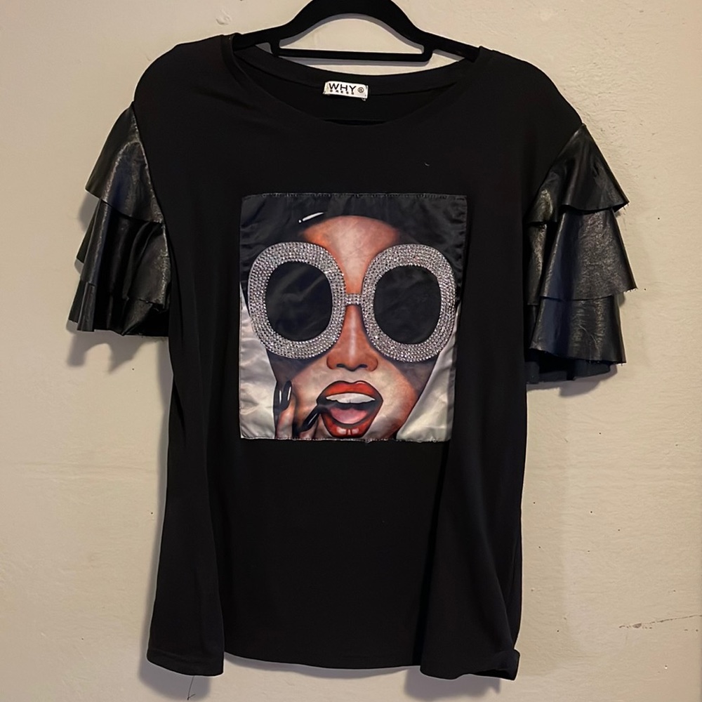 Black frill Faux leather sleeved shirt